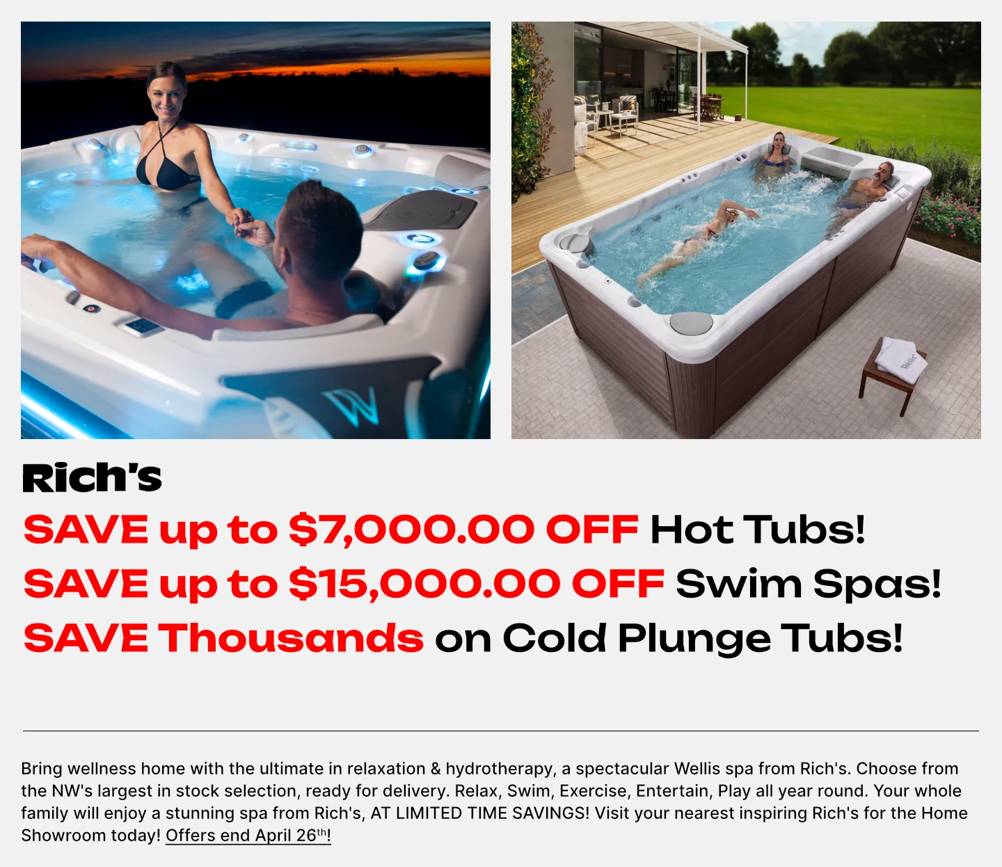 Collage of two outdoor hot tubs: left shows a couple in a white spa at sunset, right shows people relaxing in a tub on a wooden deck.