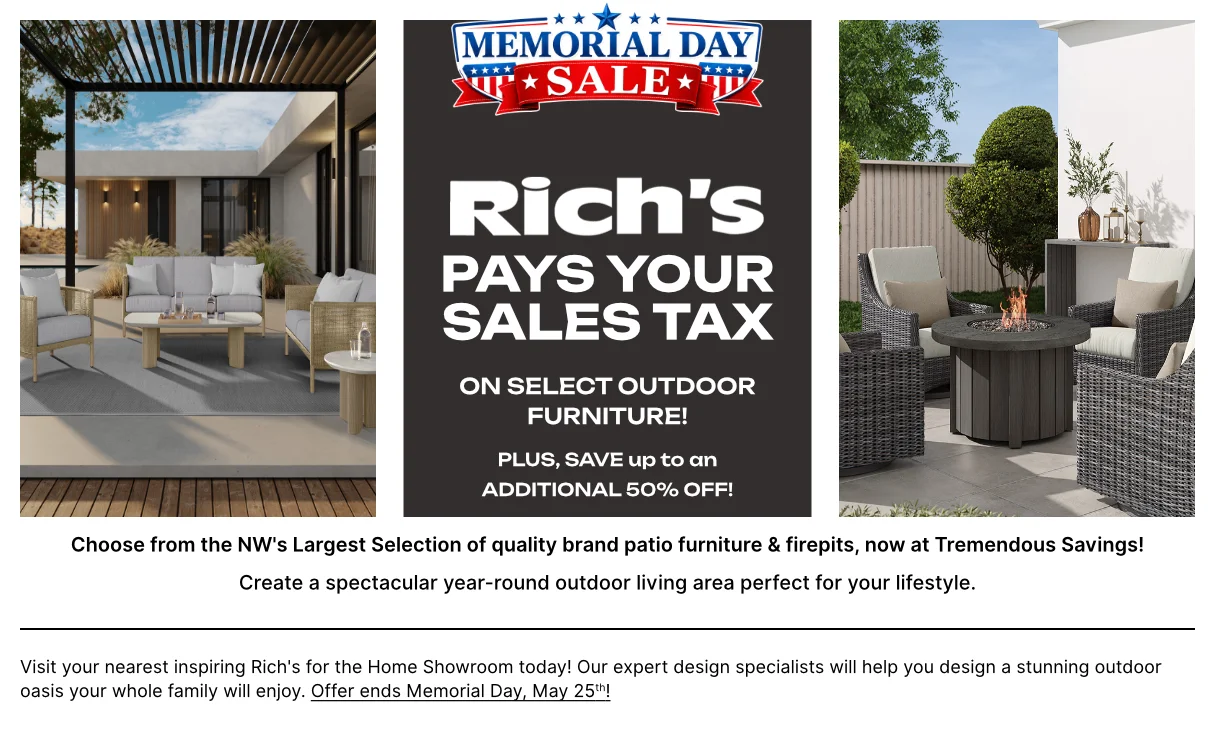 Triptych ad: left and right outdoor seating areas with a bold sale banner in the center.