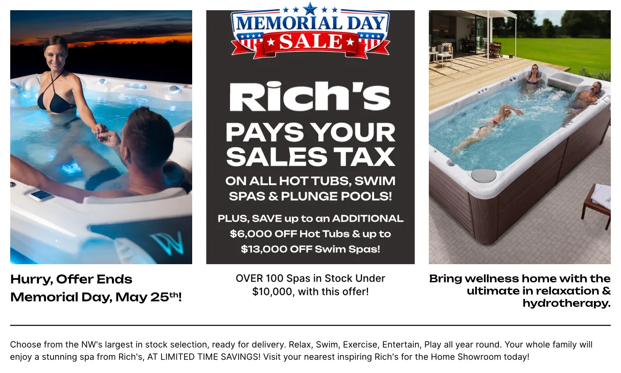 Three-panel ad: left shows a couple in a backyard hot tub at sunset, center panel with bold Memorial Day sale text, right panel a couple in a hot tub on a deck. Includes caption blocks beneath each panel with promo lines.