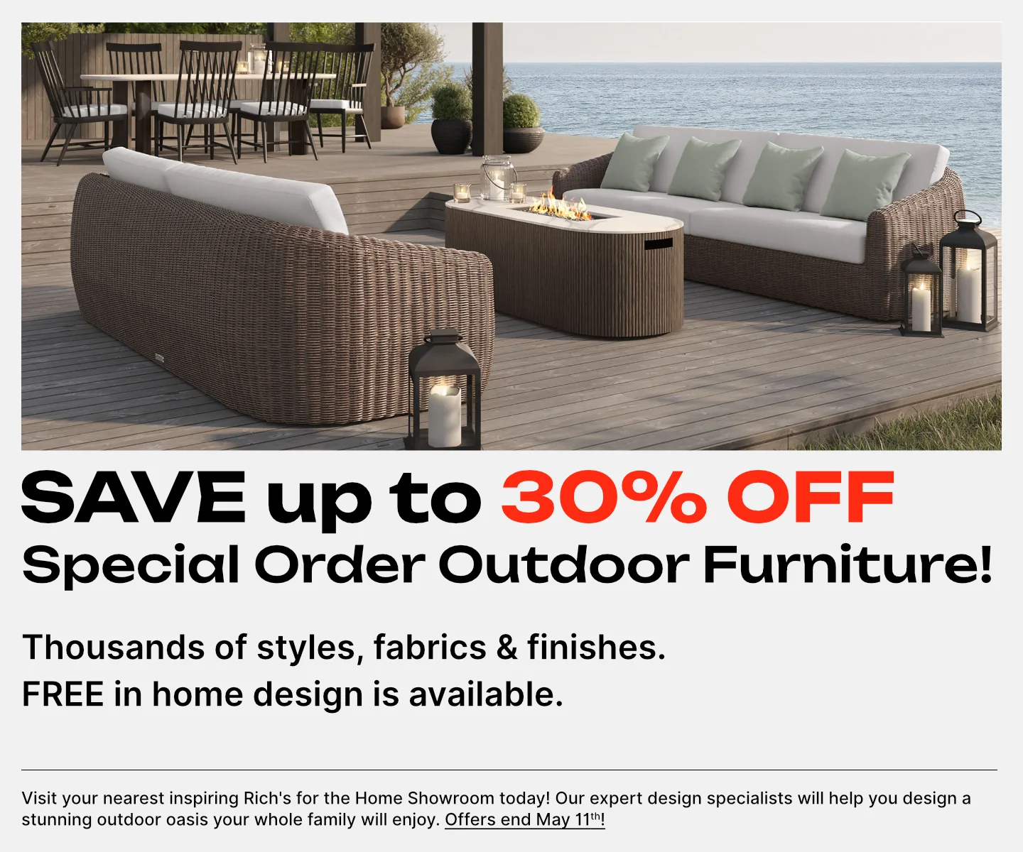 Outdoor deck with wicker sectional seating around a fire pit overlooking the water; promotional text offers up to 30% off outdoor furniture sale.