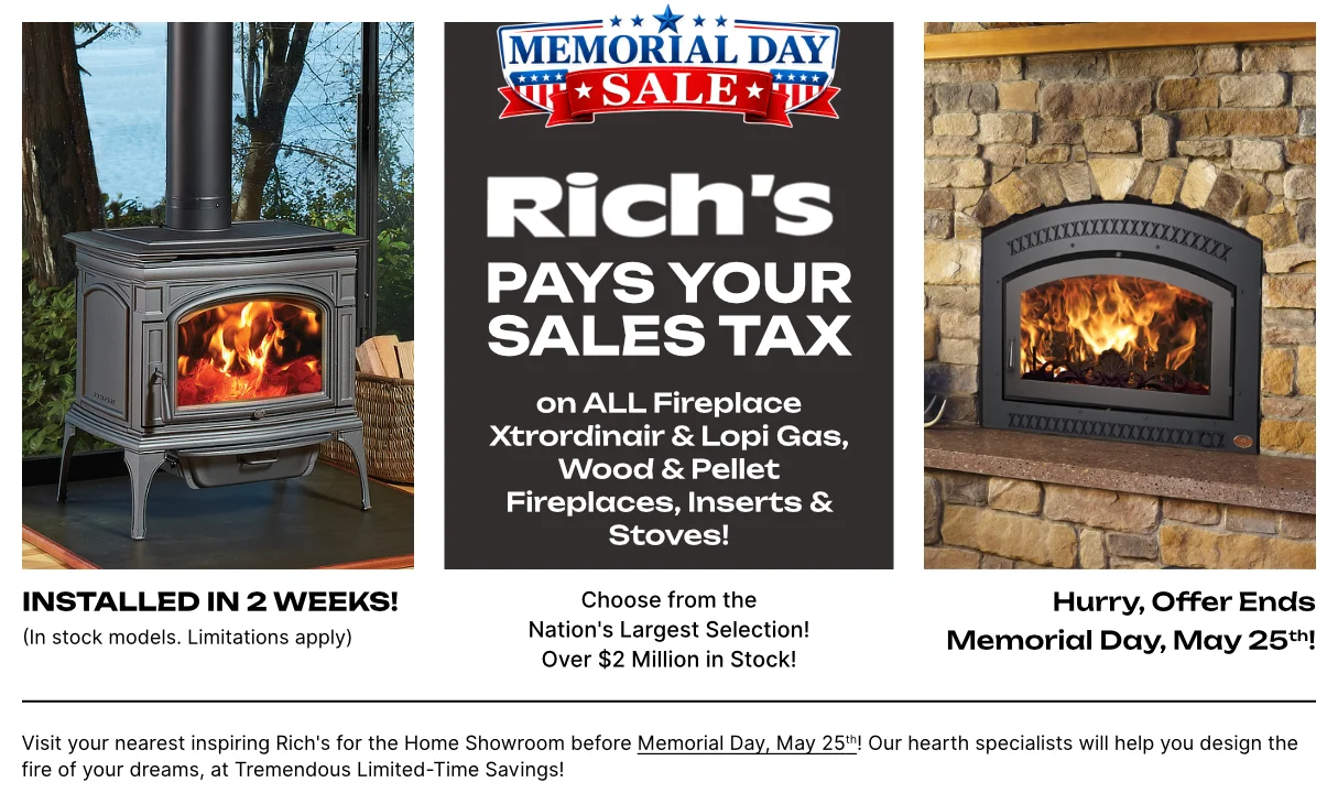 Promotional collage: left wood-burning stove, center Memorial Day sale text, right stone fireplace with fire.