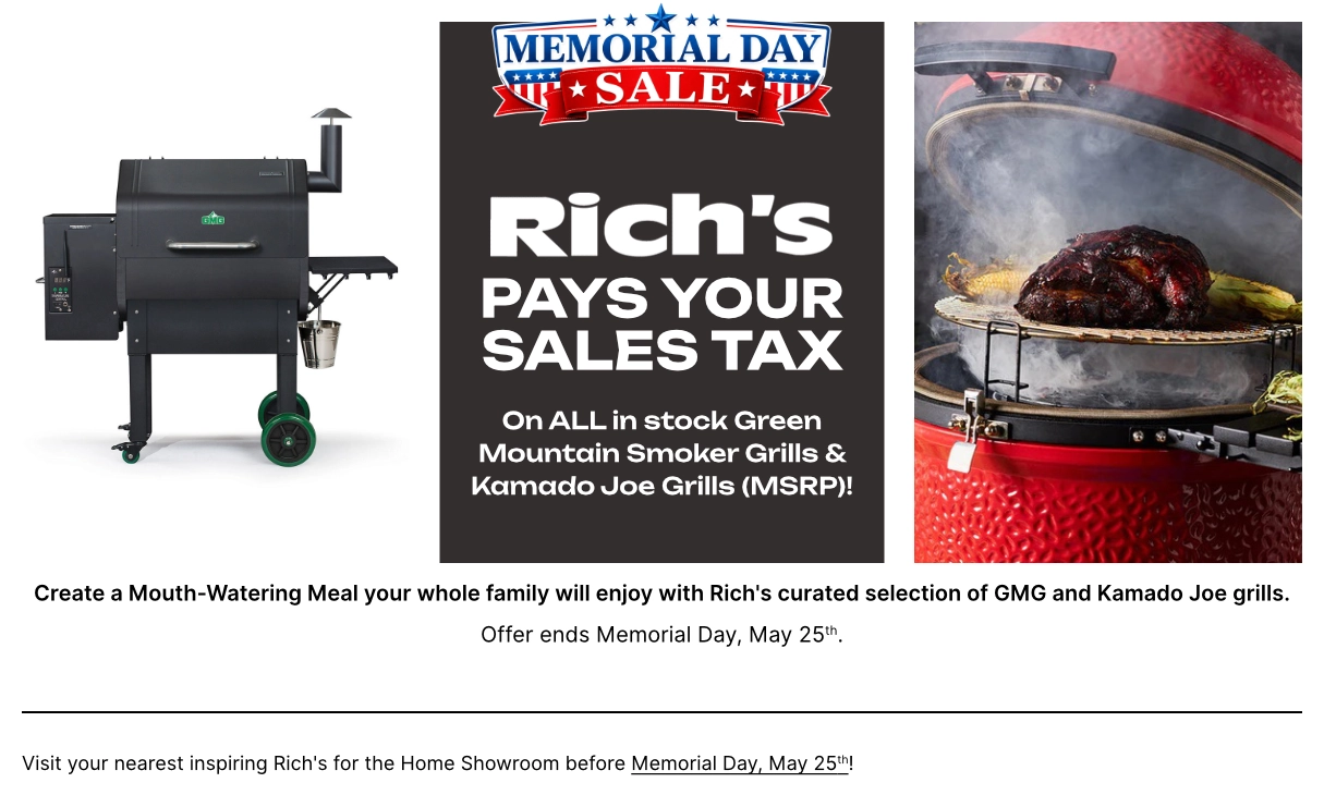 Banner ad: left a black smoker grill, center Memorial Day sale graphic, right red kettle grill with meat on it.